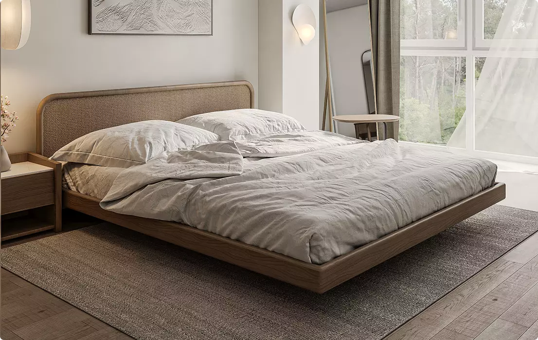 Vastgoedvisualisatie van een moderne slaapkamer met houten bed, grijs beddengoed, vloerkleed en groot raam