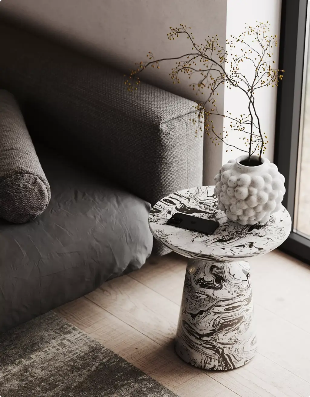 Vastgoedvisualisatie van een nachtkastje met structuur en een sculpturale keramische vaas