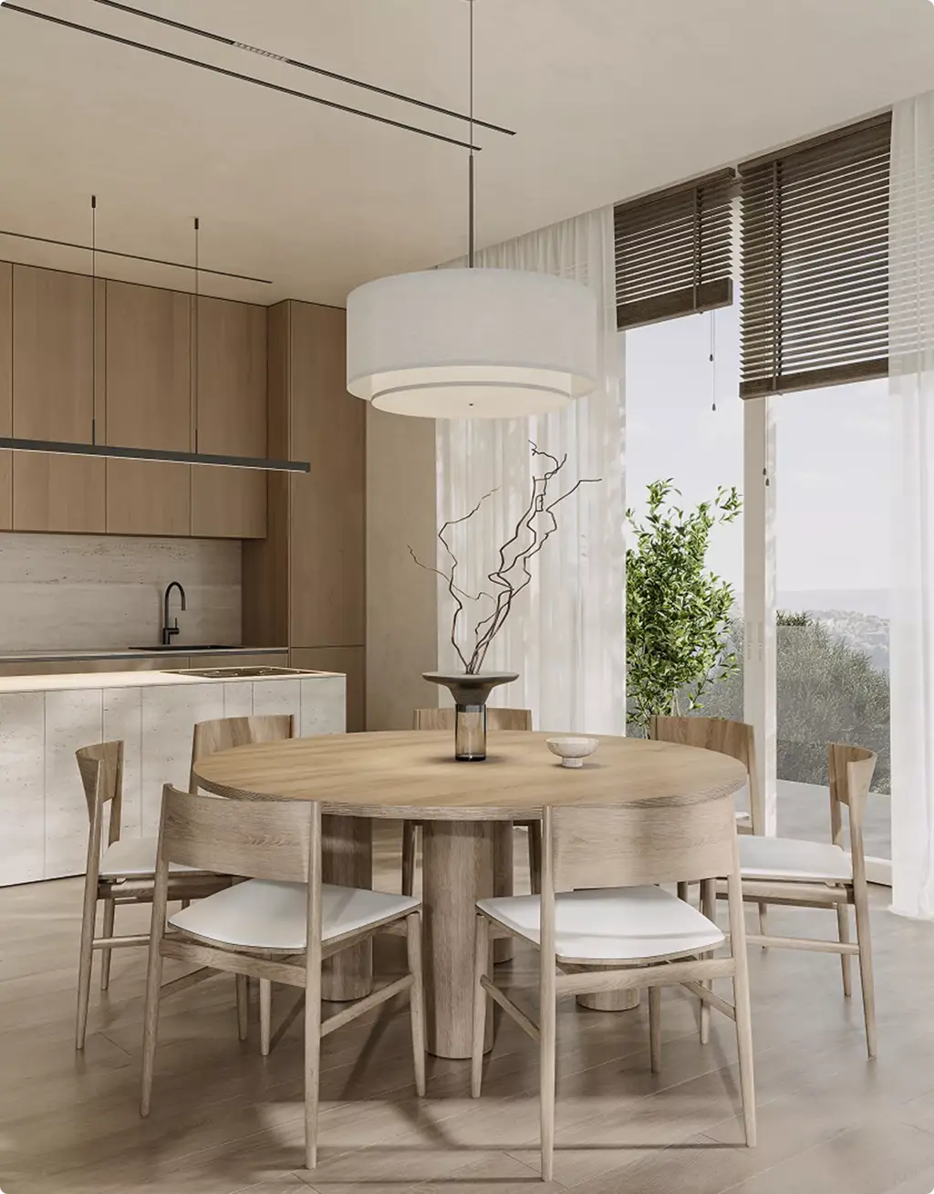 Vastgoedvisualisatie van een lichte eetkamer met houten meubels en grote ramen