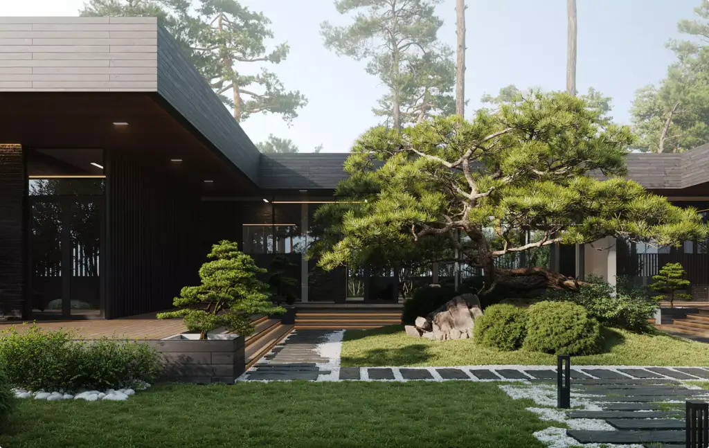 Vastgoedvisualisatie van een modern binnenhofhuis met bonsaituin en stenen pad
