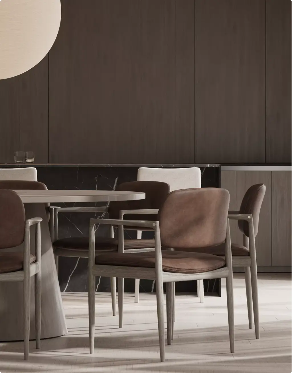 Vastgoedvisualisatie van een eetkamer in donker hout met moderne gestoffeerde stoelen