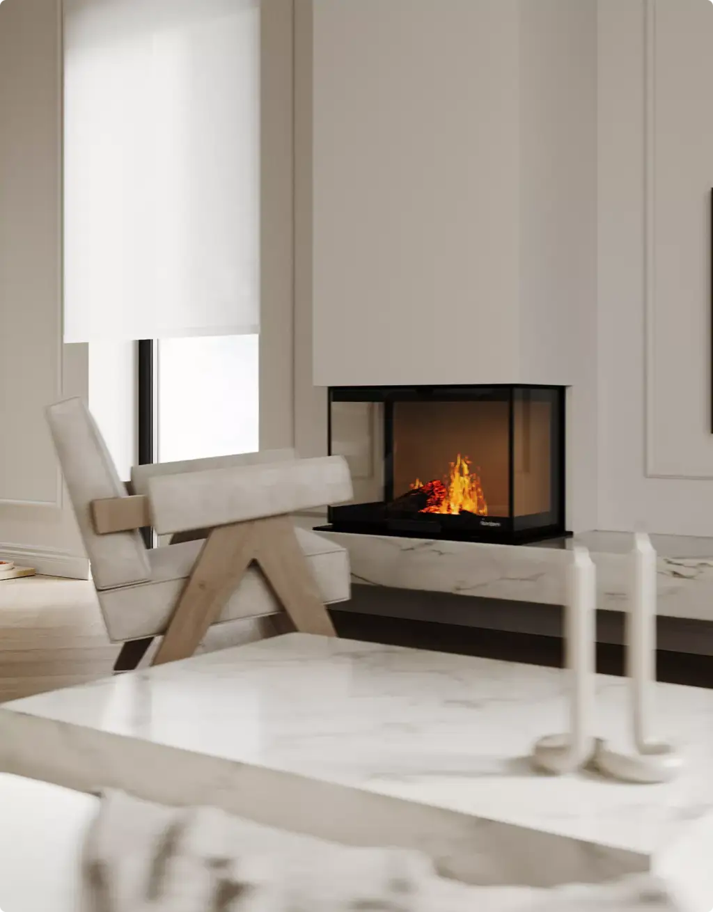 Vastgoedvisualisatie van een moderne haardhoek met minimalistische fauteuil