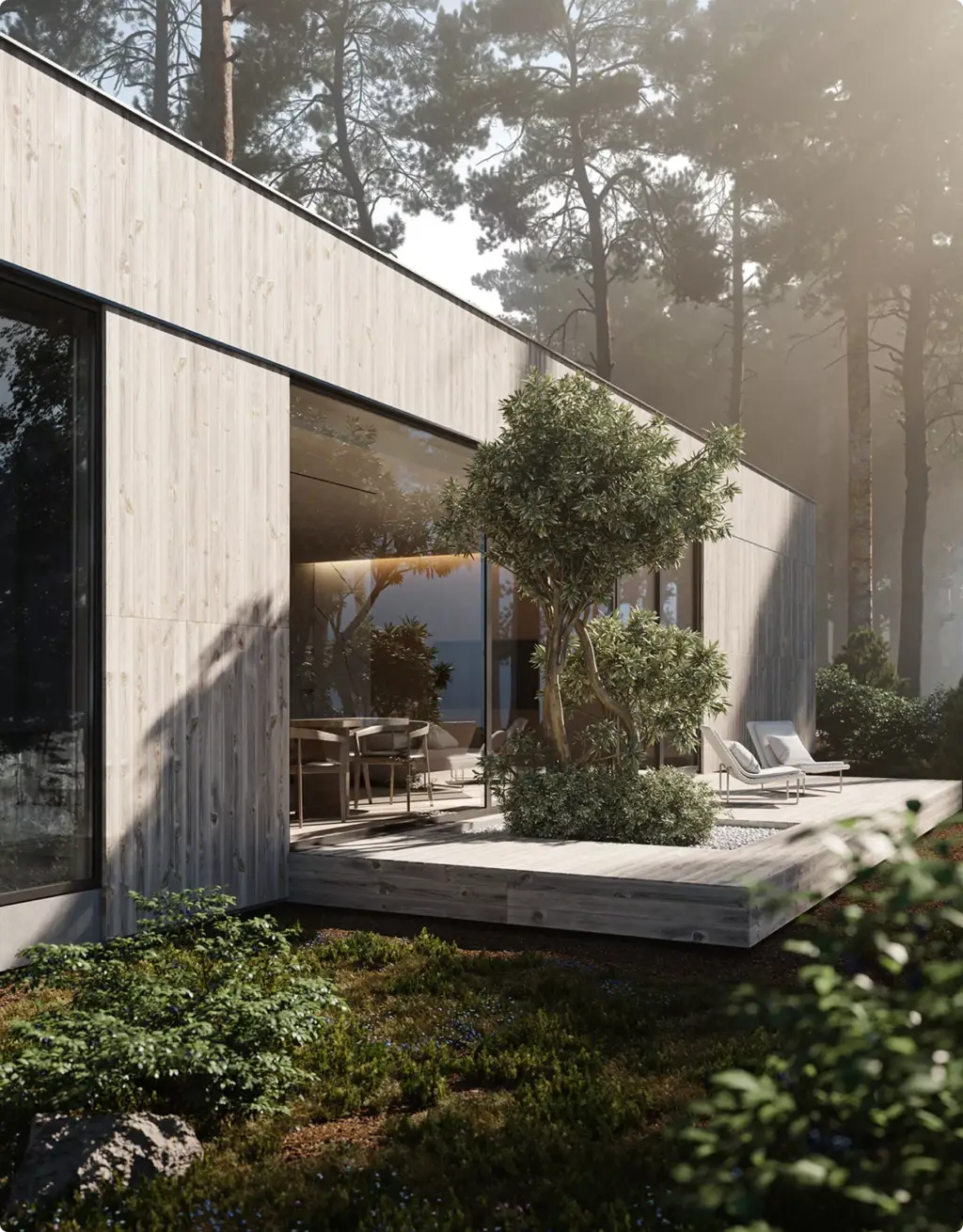 Vastgoedvisualisatie van een houten woning omgeven door bos