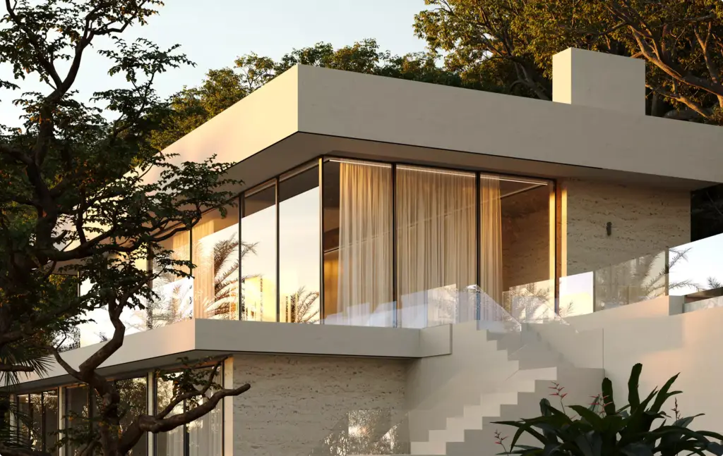Vastgoedvisualisatie van een moderne villa met glazen gevel bij zonsondergang