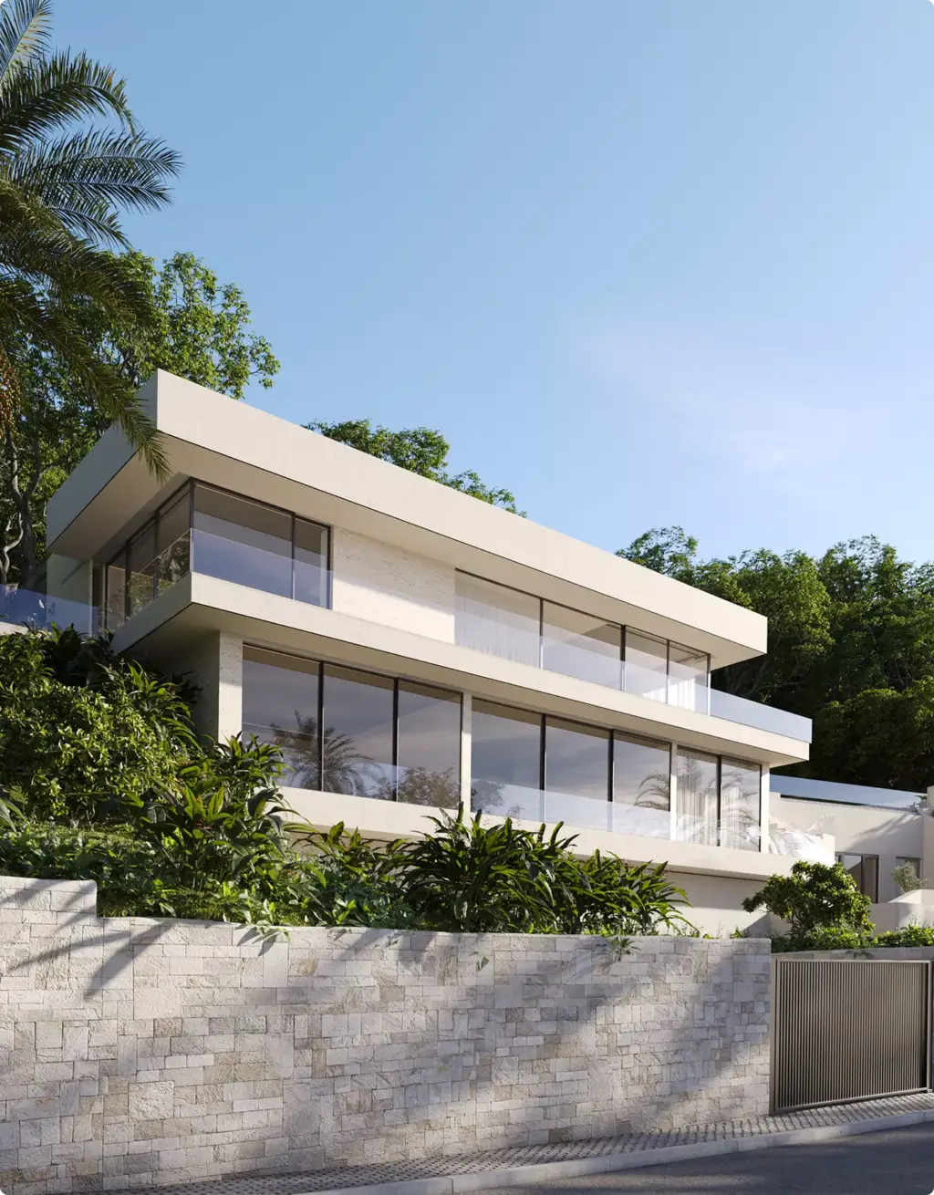 Vastgoedvisualisatie van een moderne villa op een helling met glazen balkons en groen