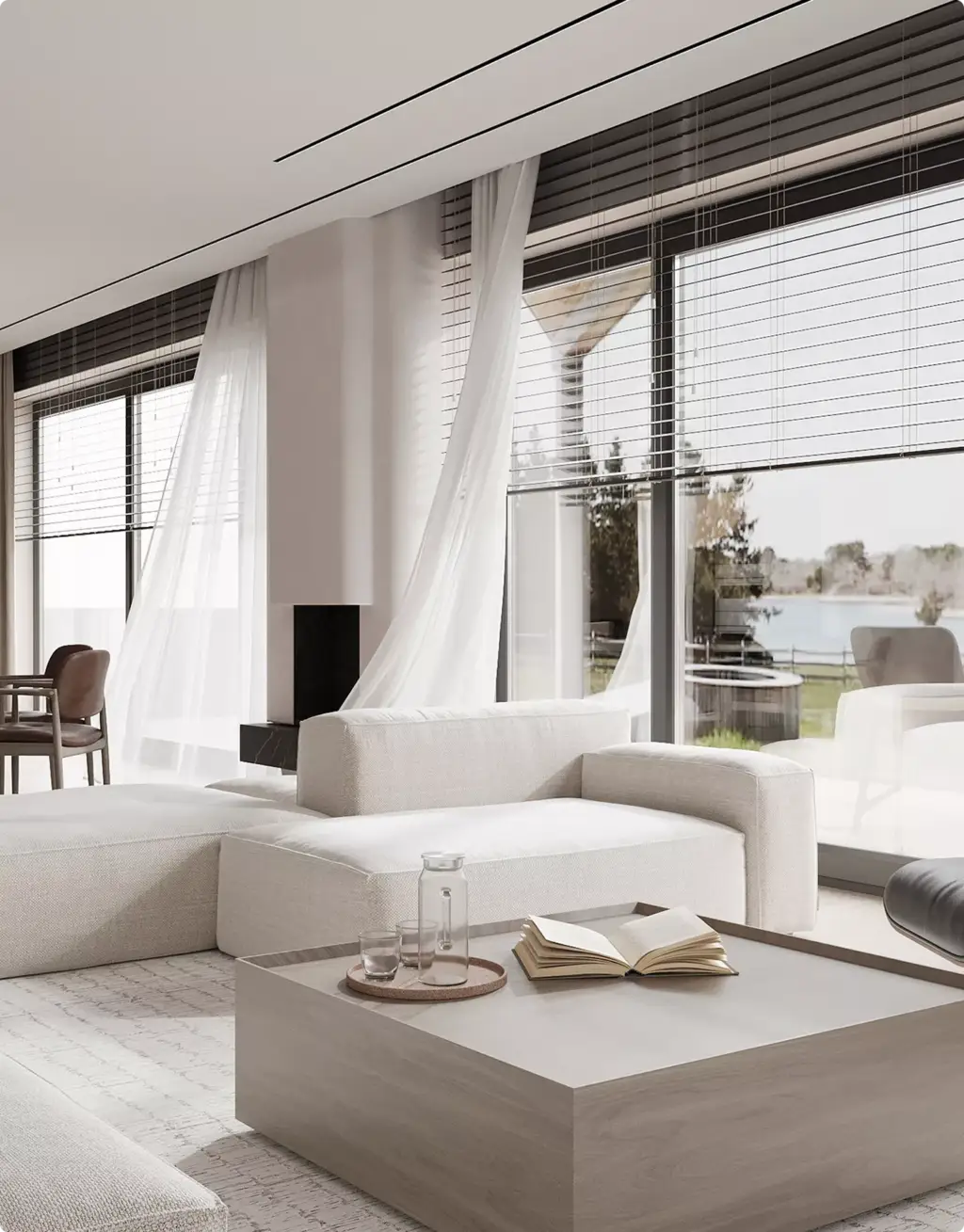 Vastgoedvisualisatie van een lichte woonkamer met witte hoekbank en uitzicht op het meer