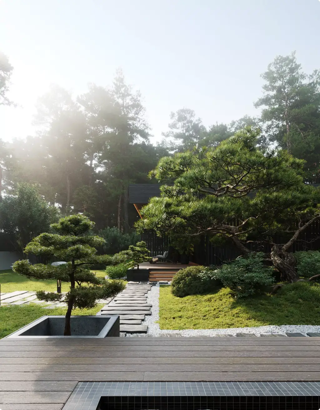 Vastgoedvisualisatie van een aangelegde tuin met stenen pad en dennenbomen