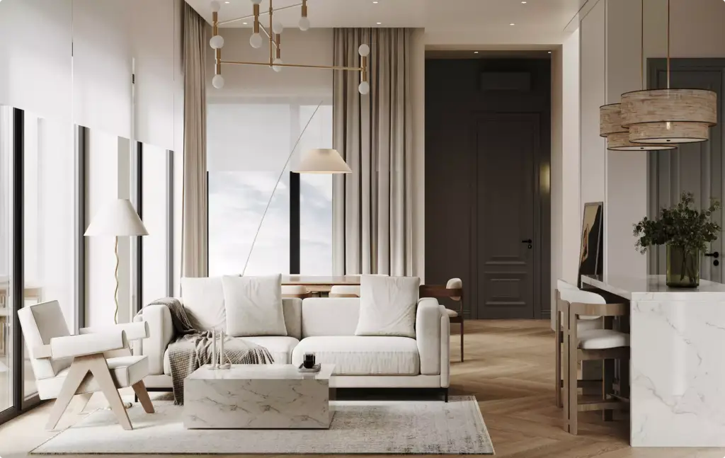 Vastgoedvisualisatie van een luxe woonkamer met marmeren tafel en neutrale inrichting
