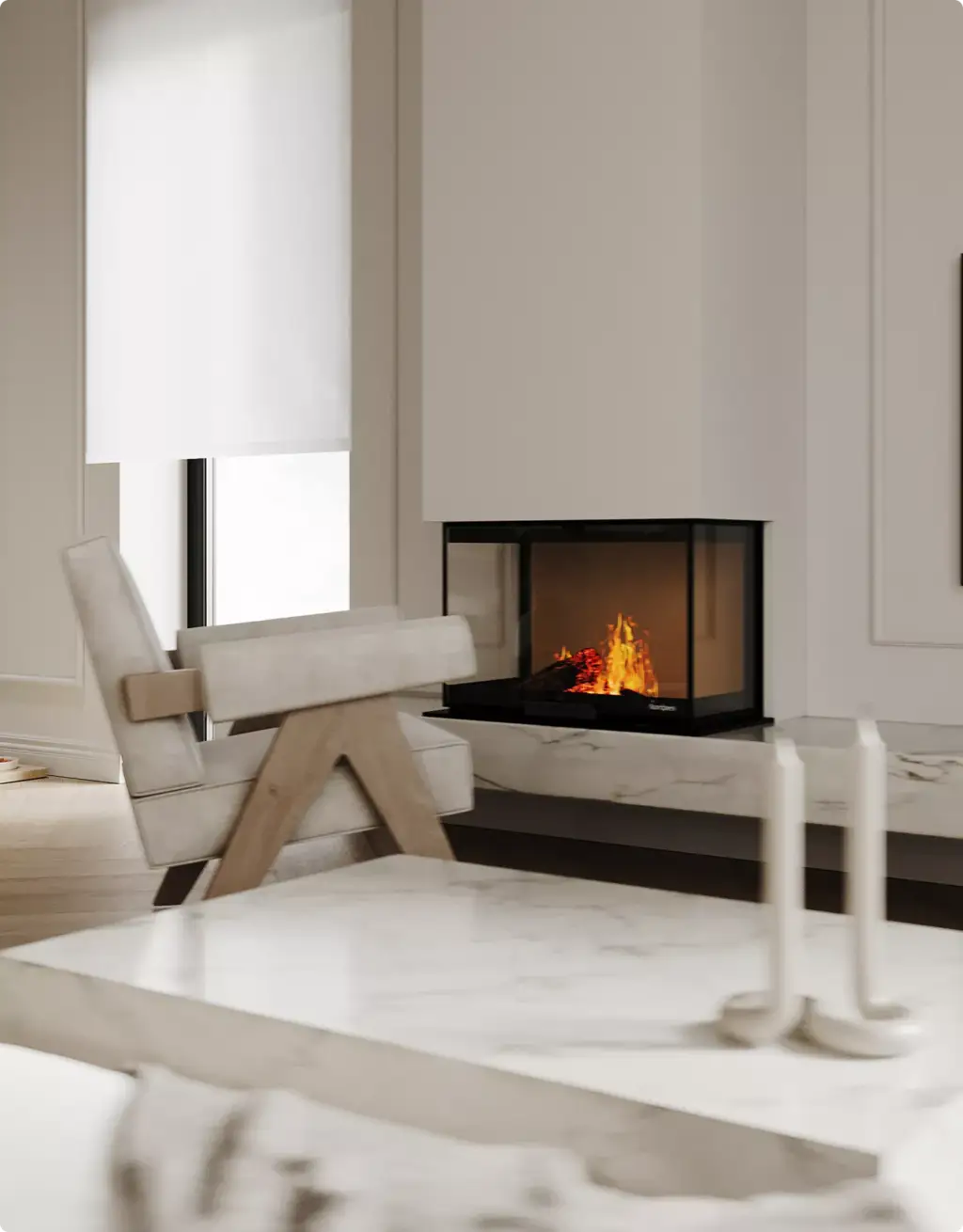 Vastgoedvisualisatie van een minimalistische haard met marmeren interieurdetails
