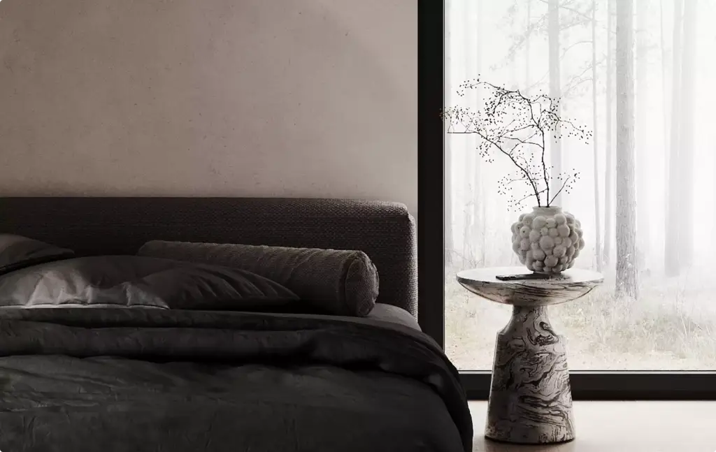 Vastgoedvisualisatie van een minimalistische slaapkamer met marmeren bijzettafel en bosuitzicht