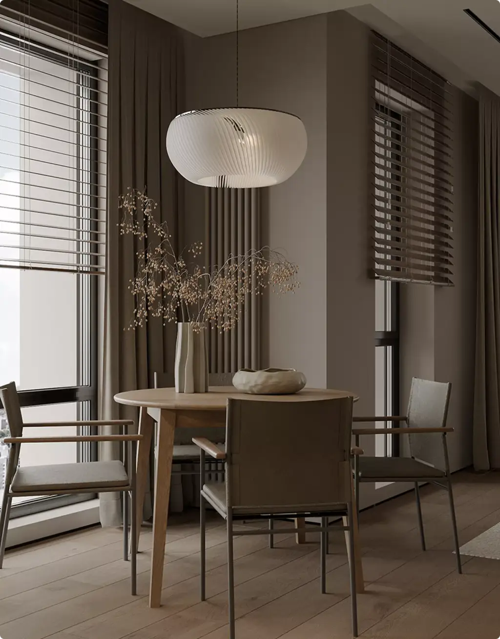 Vastgoedvisualisatie van een minimalistische eetkamer met houten jaloezieën en hanglamp