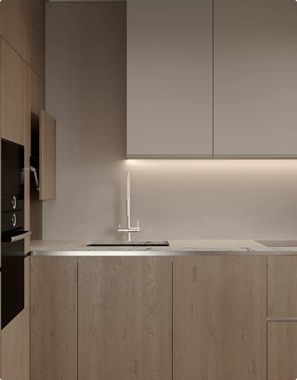 Vastgoedvisualisatie van een minimalistische keuken met houten kasten en marmeren werkblad