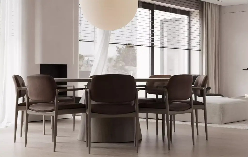 Vastgoedvisualisatie van een moderne eetkamer met donkere stoelen en grote ramen