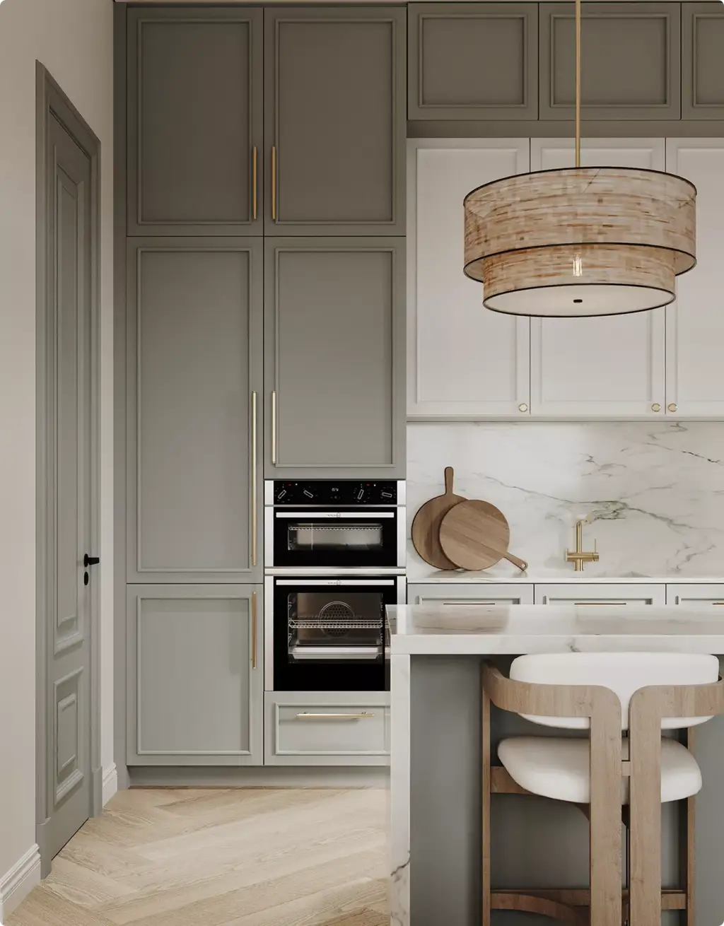 Vastgoedvisualisatie van een elegante keuken met marmeren eiland en hanglamp