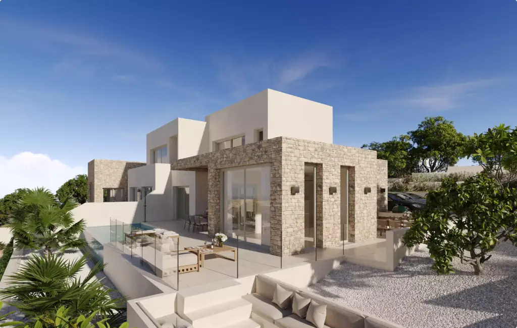 Vastgoedvisualisatie van een moderne villa met natuurstenen gevel en buitenterras