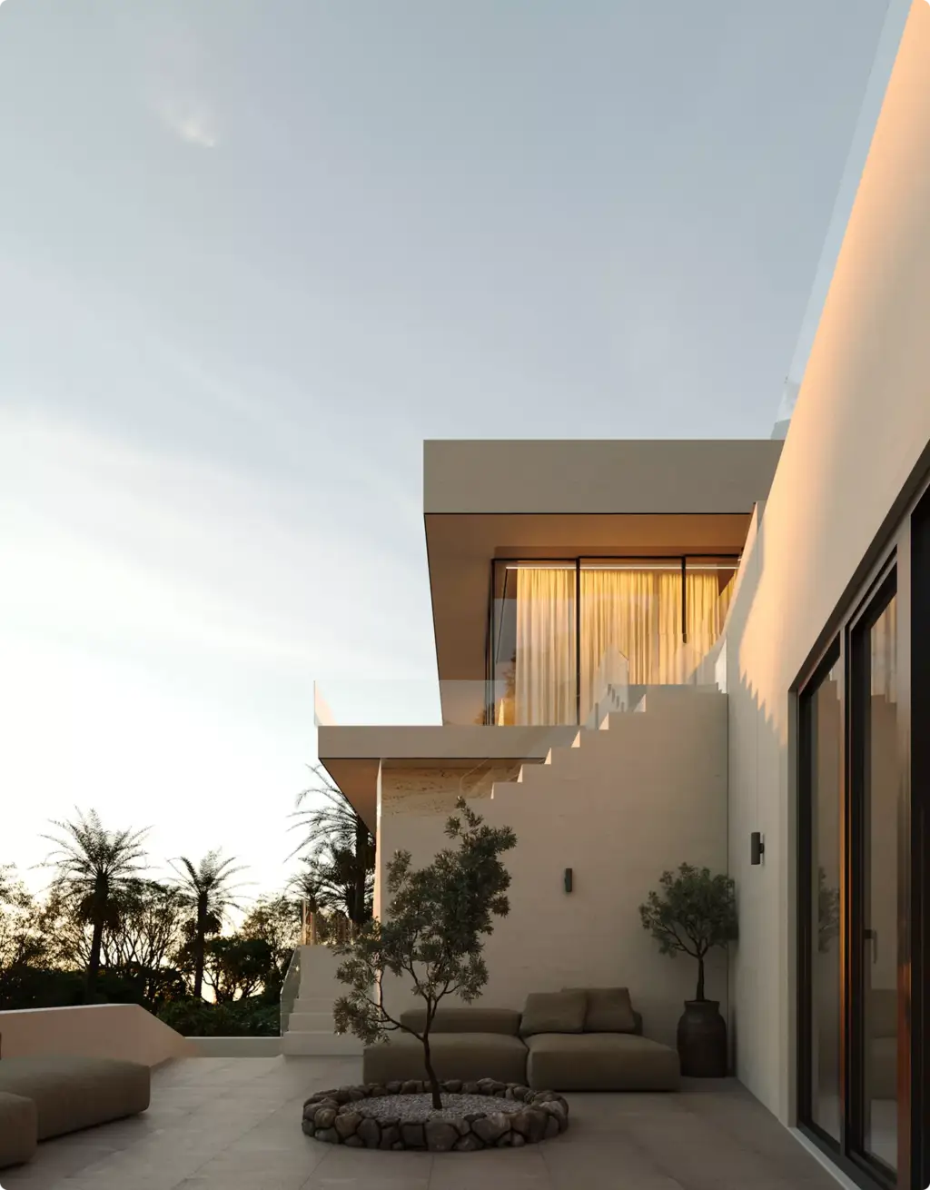 Vastgoedvisualisatie van een modern villaterras met loungezitplekken