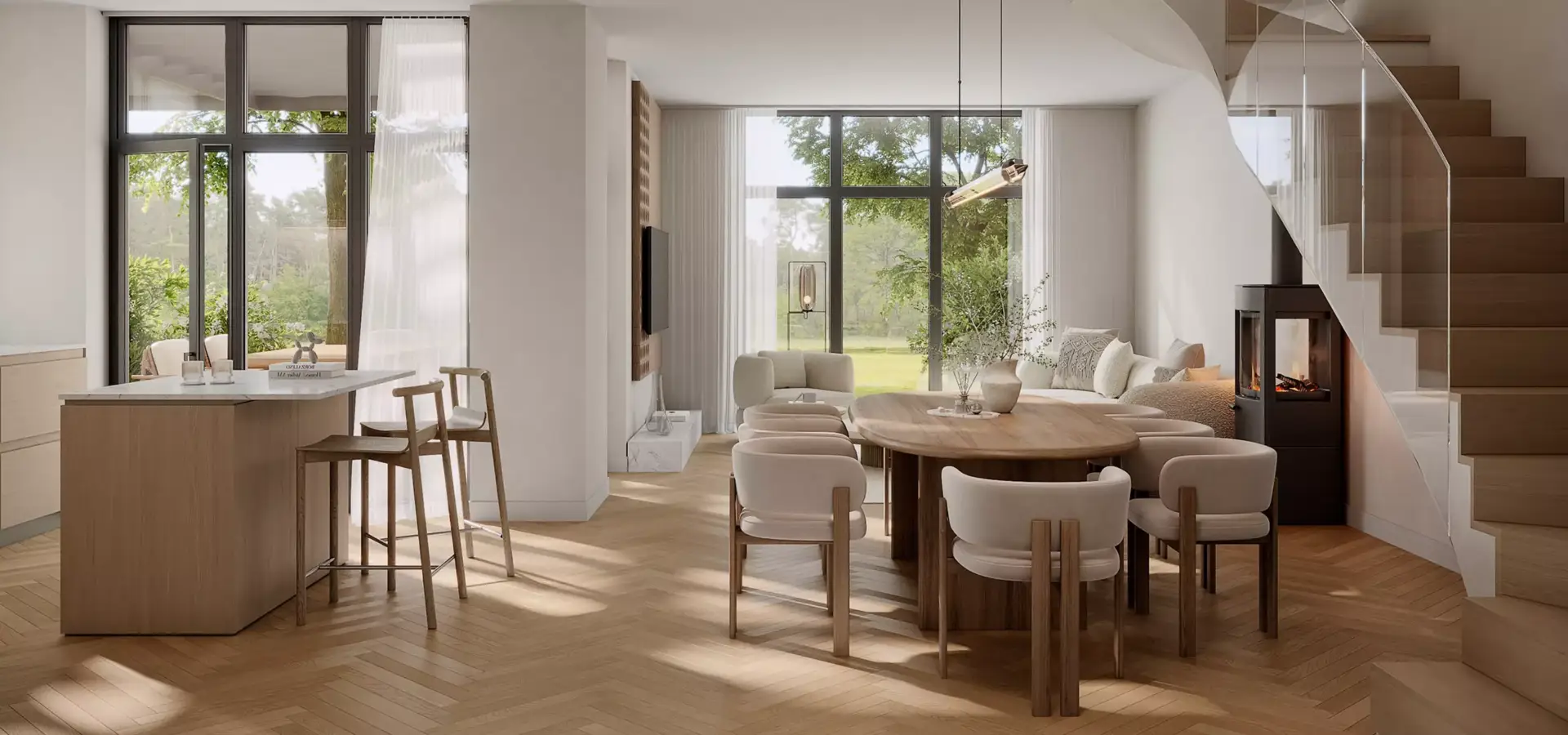 Vastgoedvisualisatie van een open woonruimte met houten trap, eethoek en hoge ramen