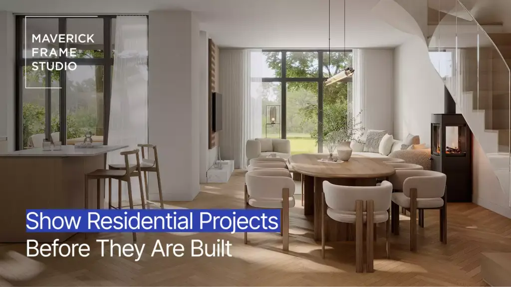 Promobeeld vastgoedvisualisatie met een open interieur, logo en projecttitel