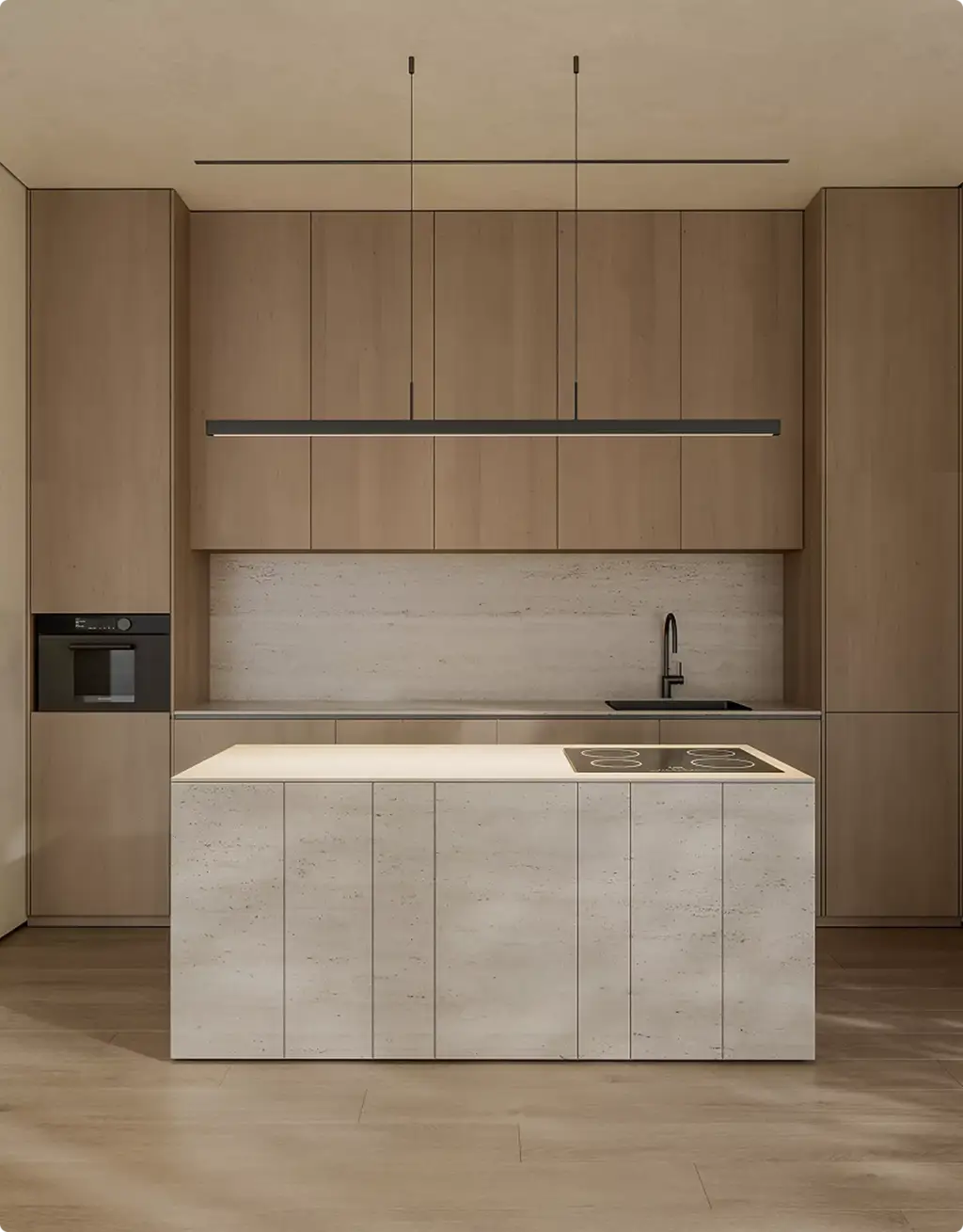 Vastgoedvisualisatie van een minimalistische keuken met stenen eiland en houten kastwerk
