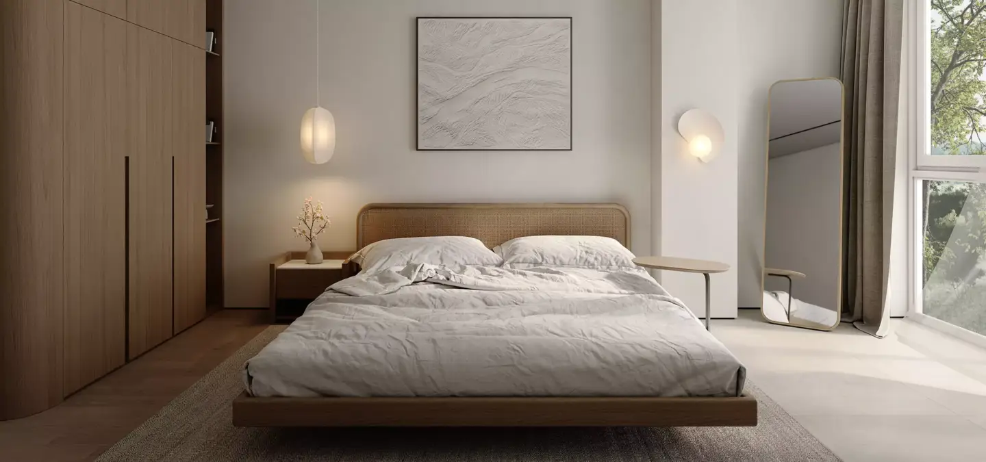 Minimalist bedroom 3D render with wood furniture, white bedding, and tall window