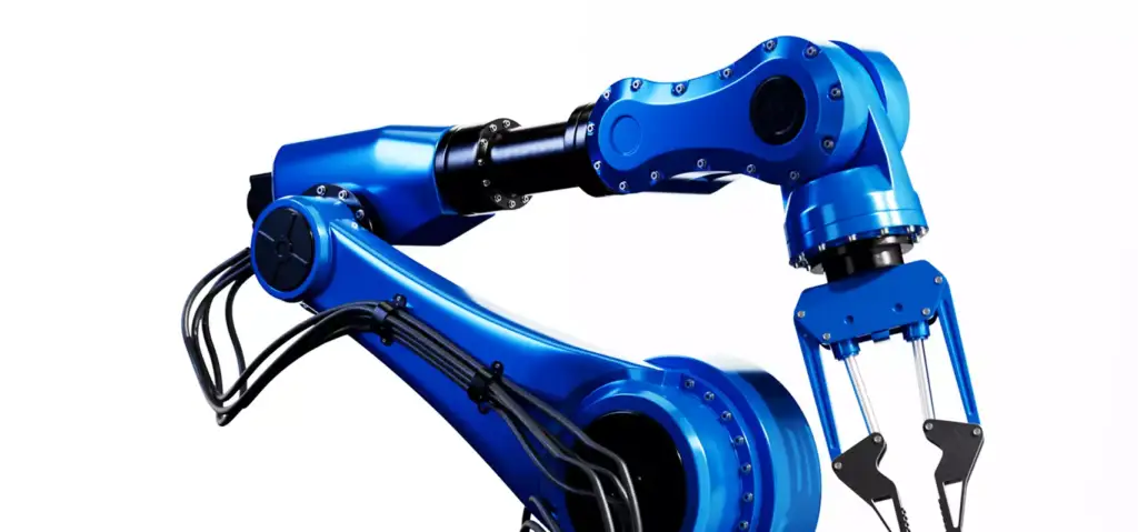 6-axis robot visualization of blue industrial robotic arm with joints and cables on plain background