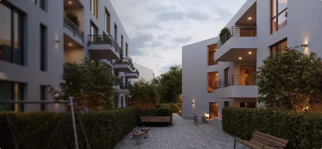 3D-Außenrendering moderner Mehrfamilienhäuser mit Balkonen, Innenhofweg, Bäumen und Abendlicht