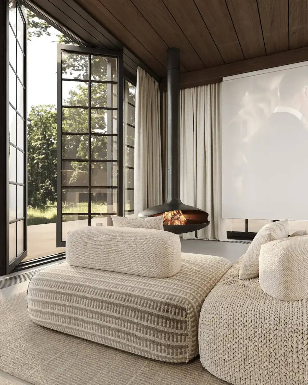 cozy modular house living room with suspended fireplace and forest view