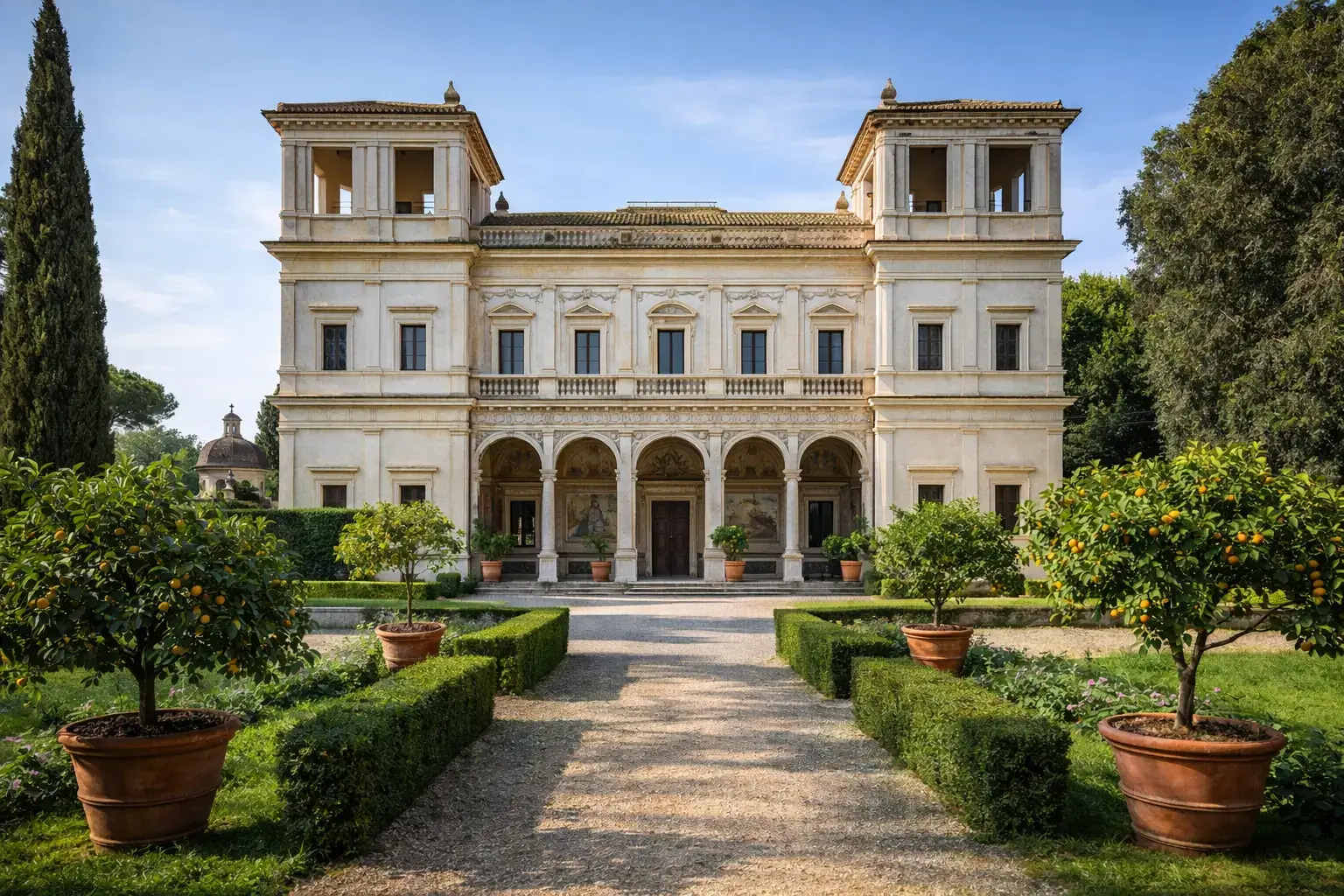 Symmetrical Renaissance villa with an arcaded loggia and a formal garden path