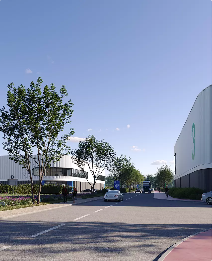 Rendering aereo della strada del centro logistico con auto, un camion, alberi ed edifici di magazzino