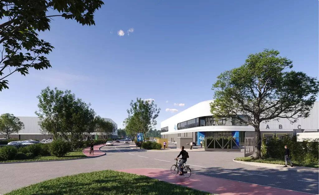 Rendering aereo della strada del centro logistico con ciclisti, alberi e magazzini moderni