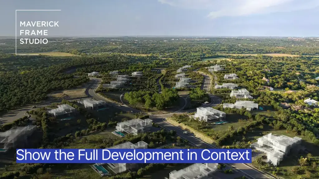 Render aéreo de una promoción residencial en ladera rodeada de bosque, vista desde el aire