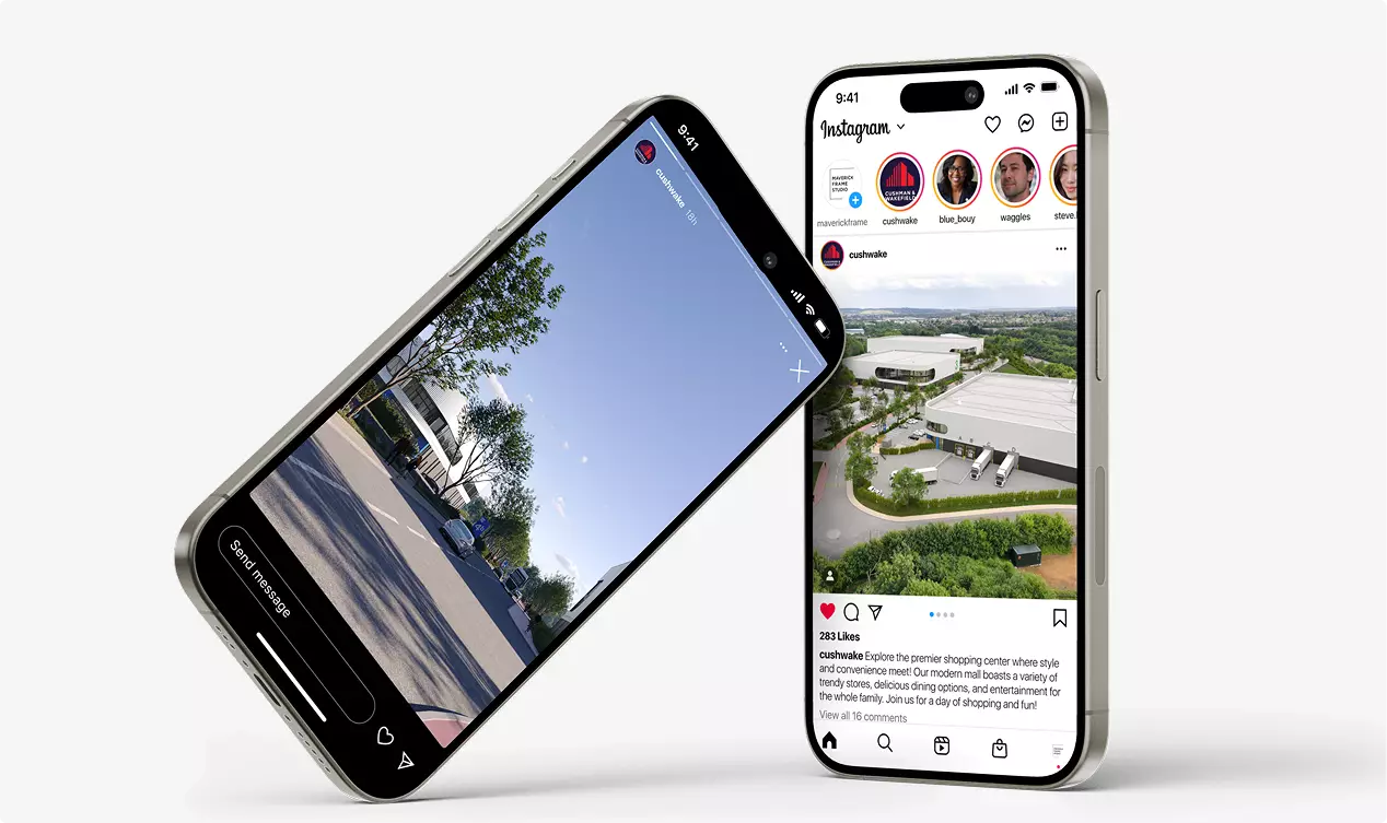 Rendering aereo di smartphone che mostrano immagini del centro logistico su un'interfaccia social