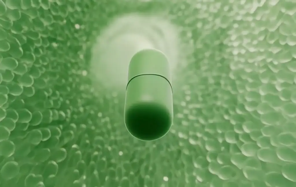 Beeld uit een animatie van het werkingsmechanisme: een groene capsule die door een tunnel van cellen beweegt