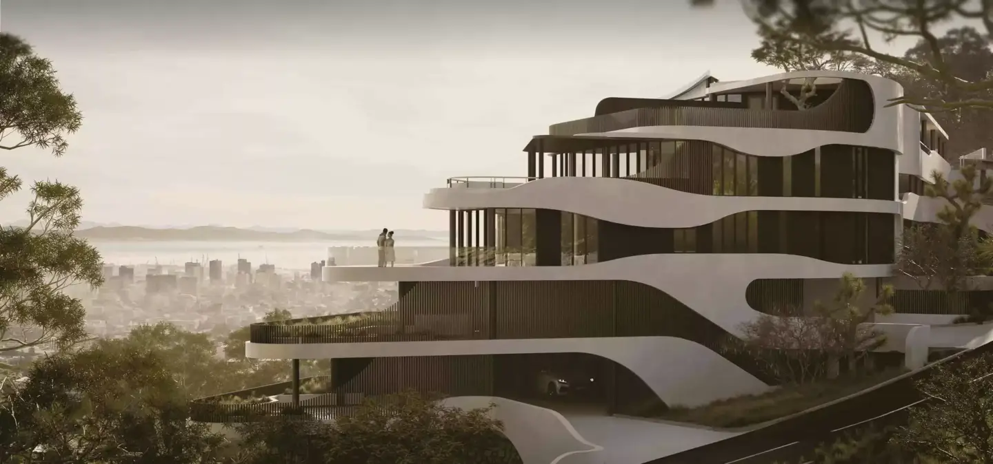 Modern hillside house with curved architecture overlooking city skyline, AI architectural rendering