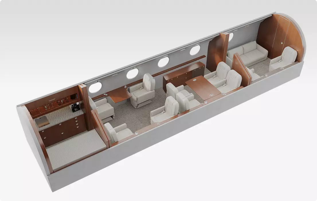 Flugzeug-Visualisierung eines Kabinenlayouts im Schnitt: Sitze, Tische, Galley, Lounge und ovale Fenster