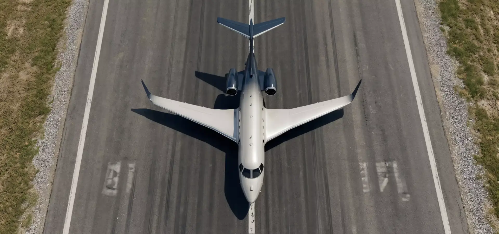 Flugzeug-Visualisierung eines Business Jets von oben, mittig auf der Startbahn, mit gepfeilten Tragflächen