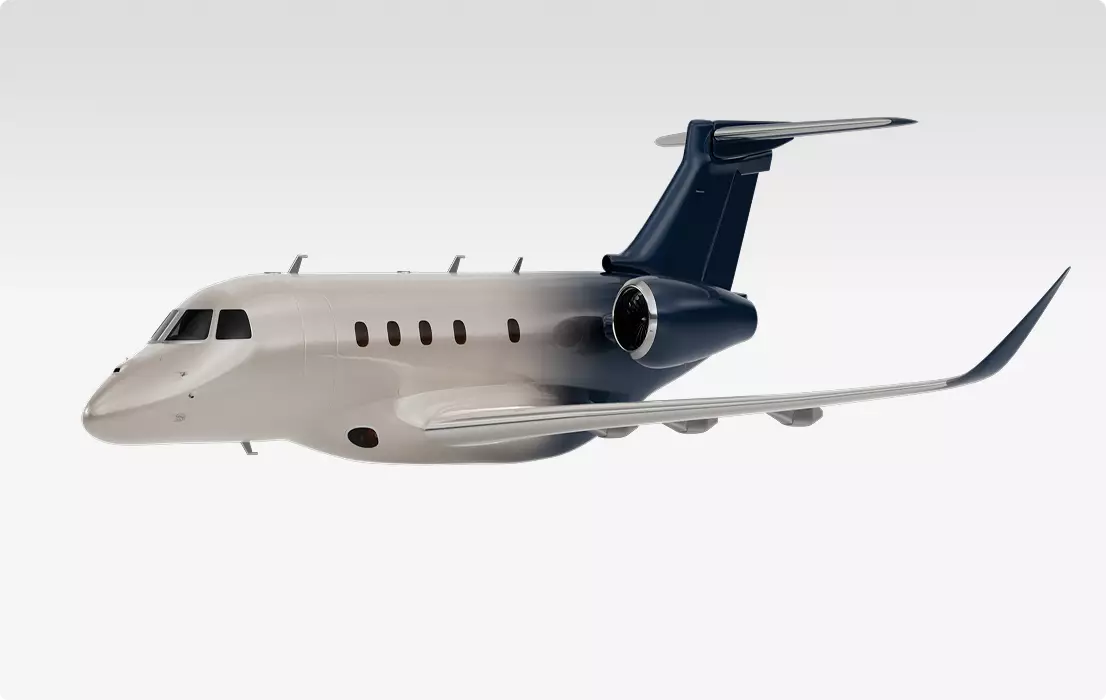 Flugzeug-Visualisierung eines Business Jets in der Seitenansicht mit gepfeilten Tragflächen, Hecktriebwerk und dunklem Leitwerk auf weißem Hintergrund