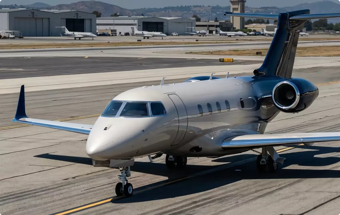 Flugzeug-Visualisierung eines Business Jets auf dem Vorfeld, dahinter Hangars und Tower