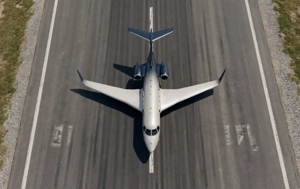 Business Jet von oben auf der Startbahn — Portfolio der Flugzeug-Visualisierung