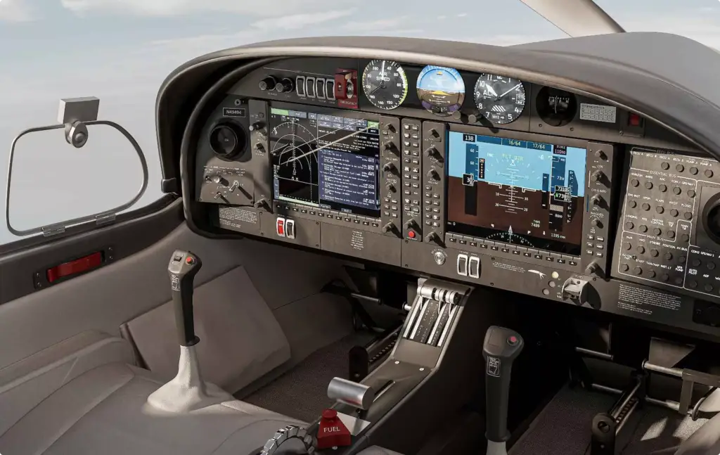 Bedienelemente und Instrumententafel im Cockpit eines Business Jets — Portfolio der Flugzeug-Visualisierung