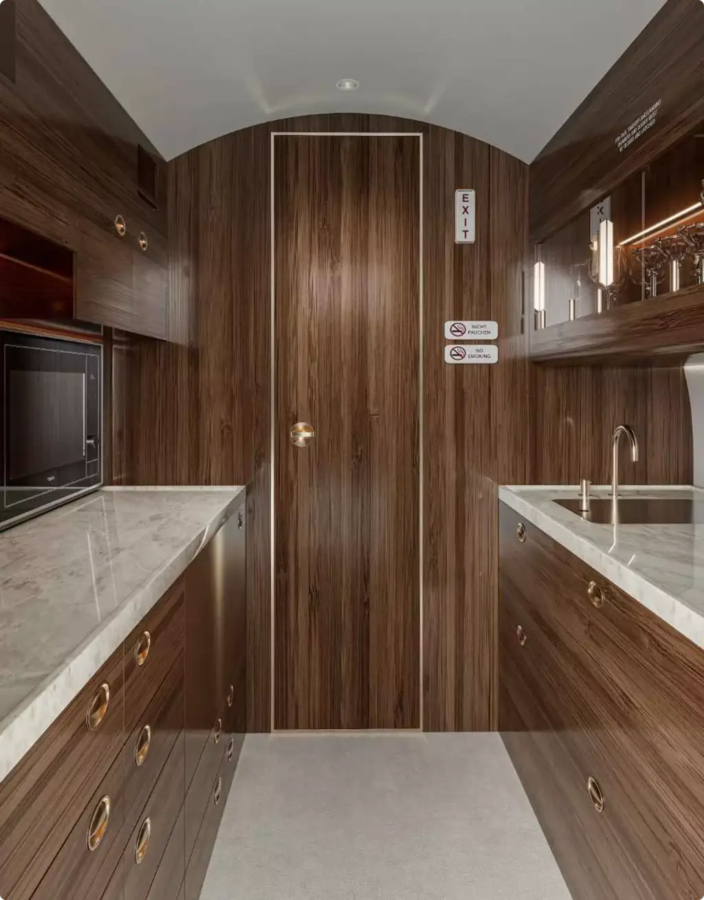 Galley eines Business Jets mit Holzschränken — Portfolio der Flugzeug-Visualisierung