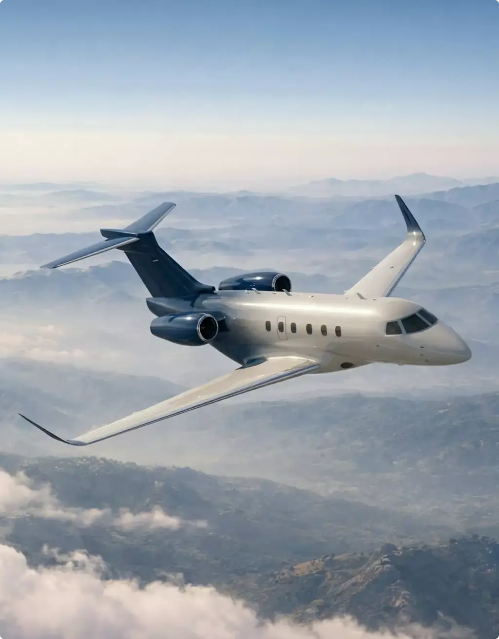 Business Jet im Flug über Wolken und Bergen — Portfolio der Flugzeug-Visualisierung