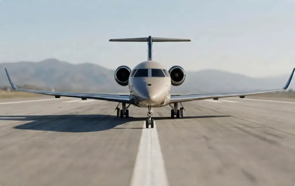 Business Jet in der Frontansicht auf der Startbahn — Portfolio der Flugzeug-Visualisierung