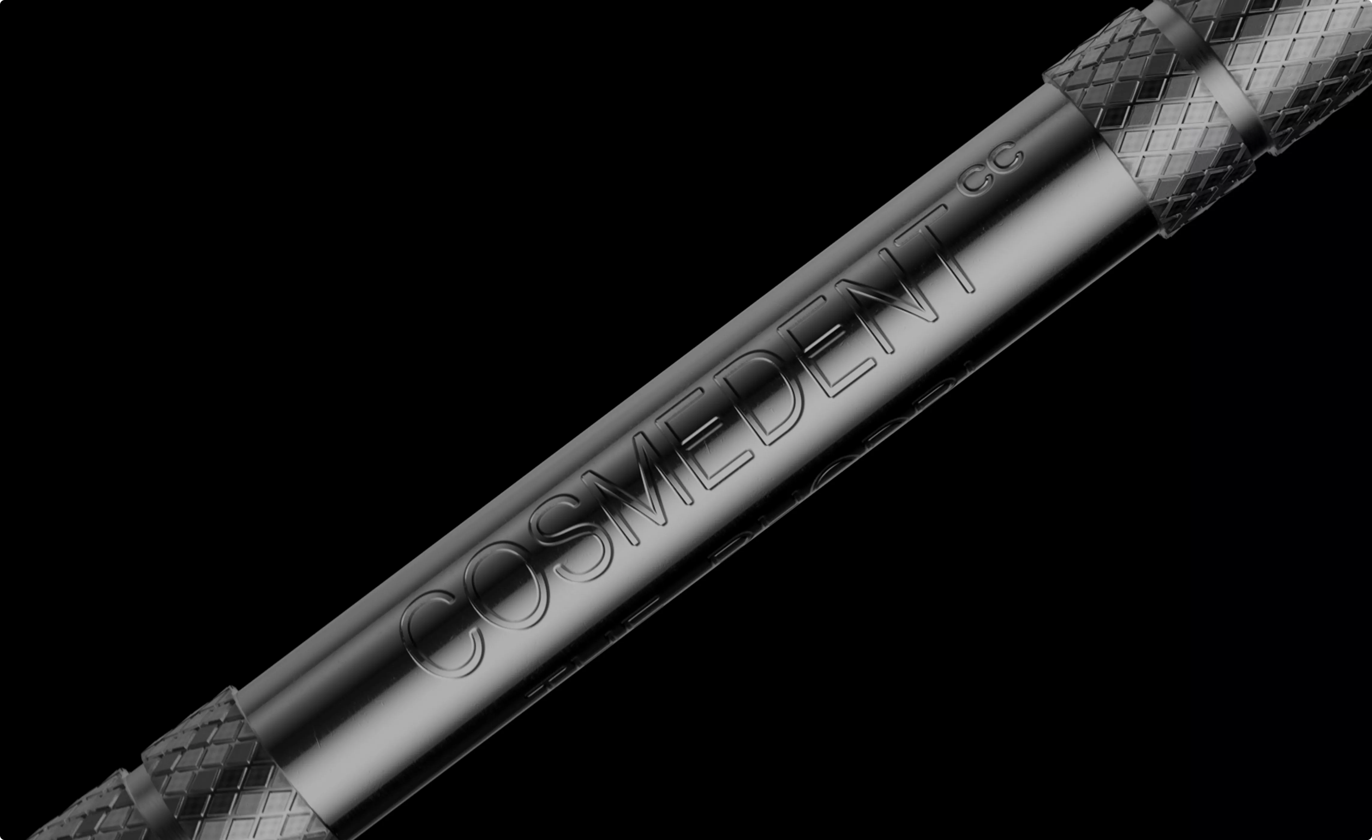 Macro 3D render of the engraved handle of a dental instrument