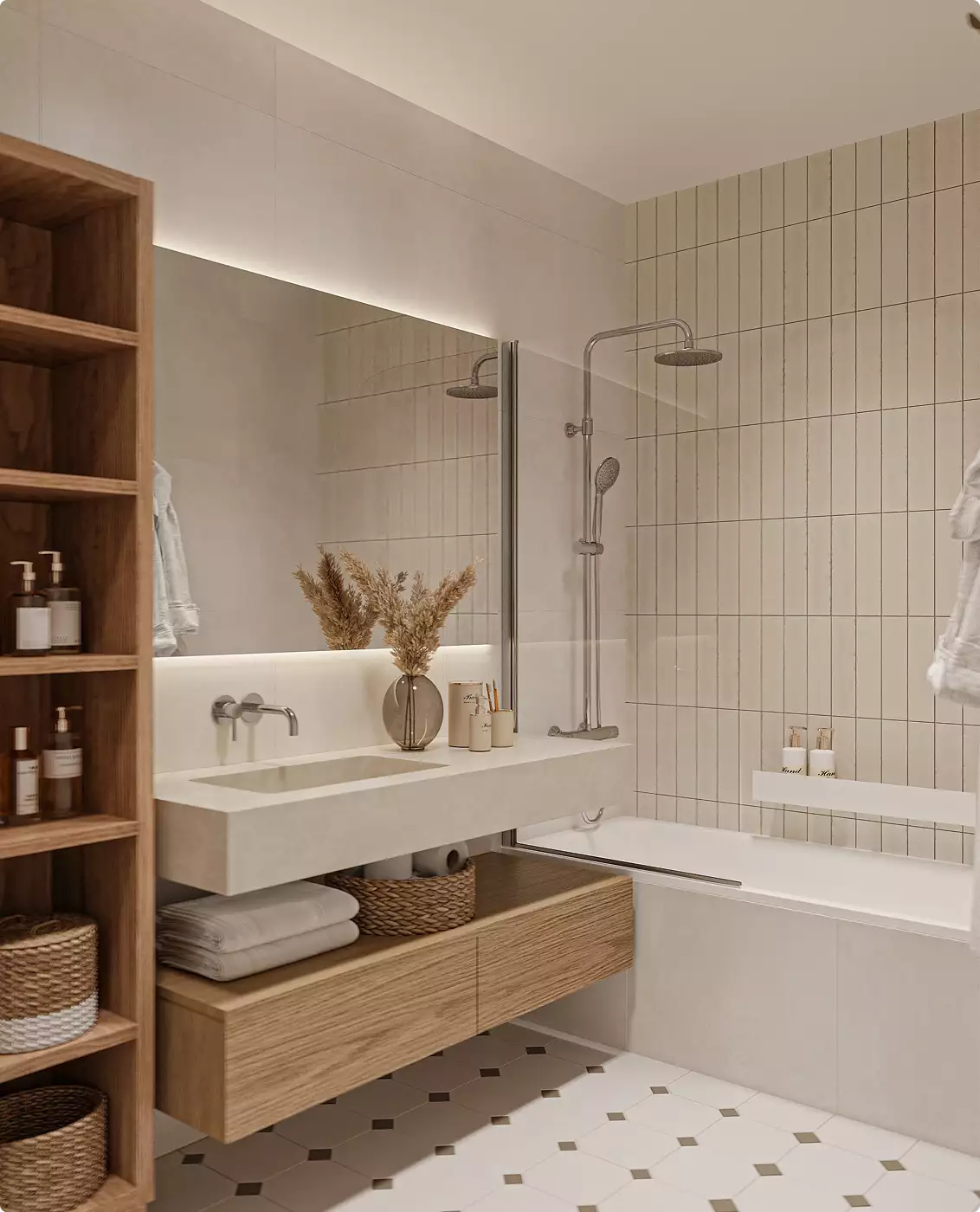 Badkamer in het appartementinterieur met wastafel, bad, verticale tegels en spiegelverlichting