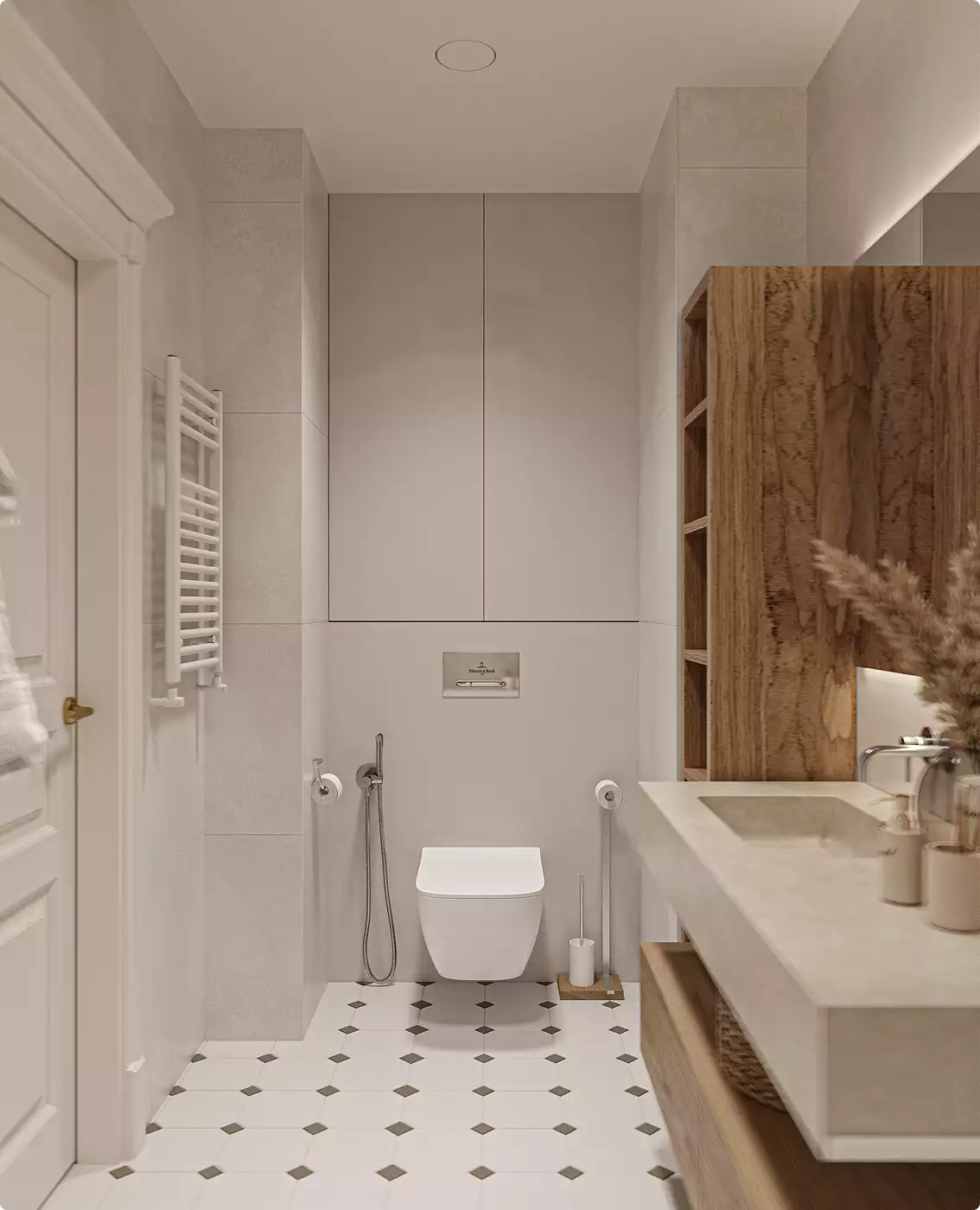 Badkamer in het appartementinterieur met toilet, wandtegels en compacte indeling