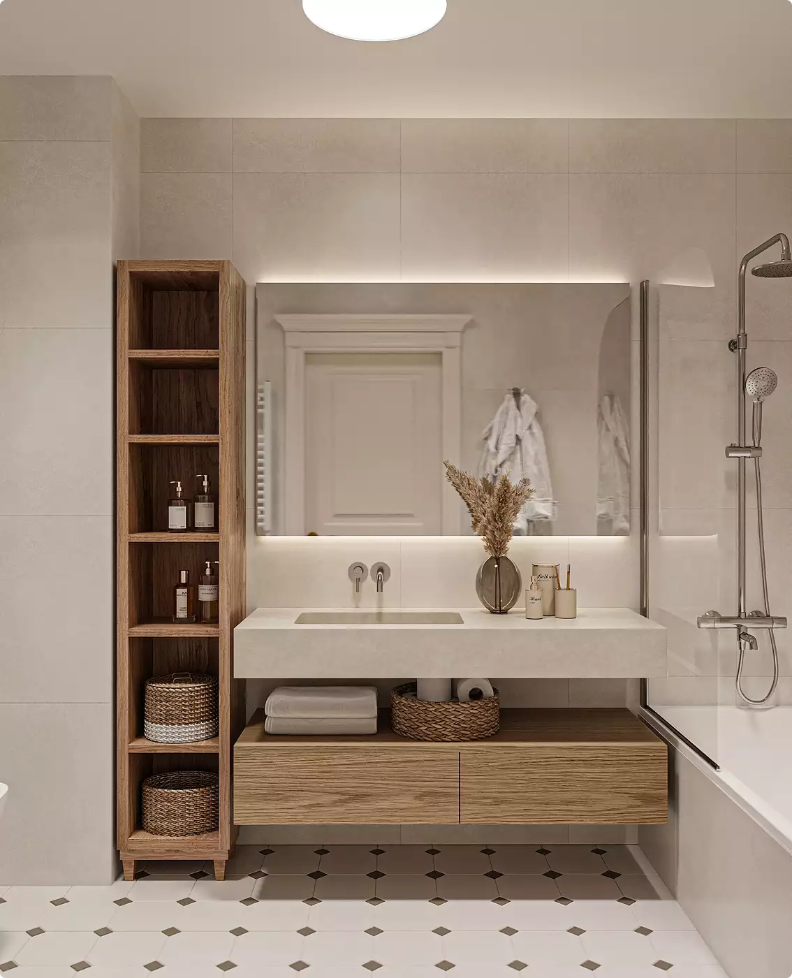 Badkamermeubel in het appartementinterieur met houten kast, spiegel, wastafel en geweven manden