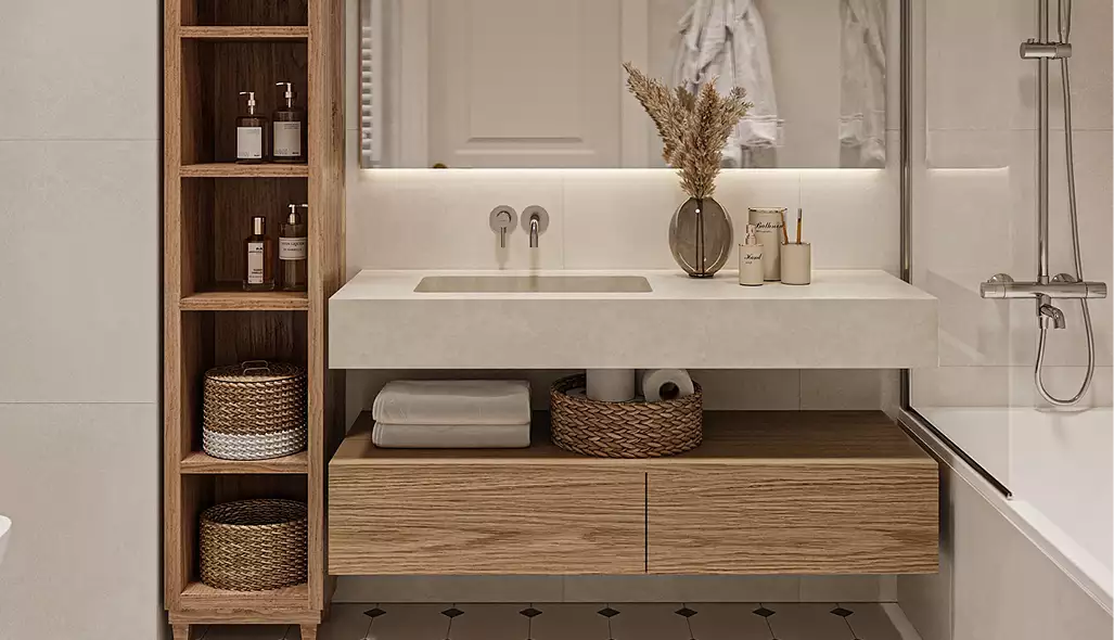 Badkamermeubel in het appartementinterieur met houten planken, wastafel, spiegel en geweven manden