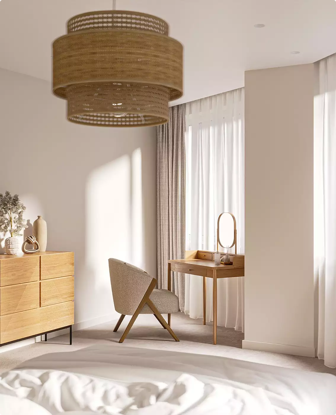 Slaapkamerhoek in het appartementinterieur met stoel, kaptafel en zachte gordijnen
