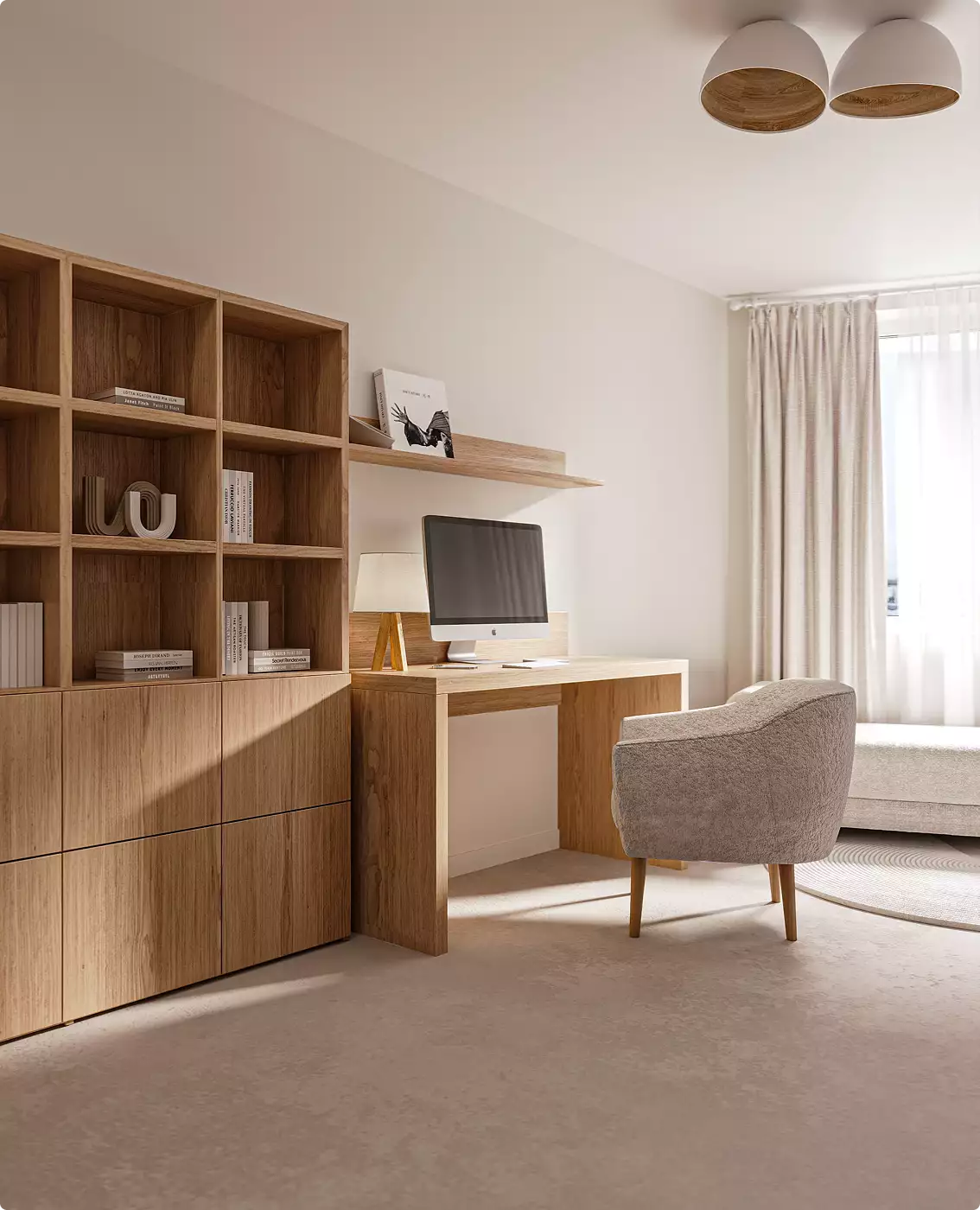 Thuiswerkplek in het appartementinterieur met houten bureau, stoel, wandplanken en raamlicht